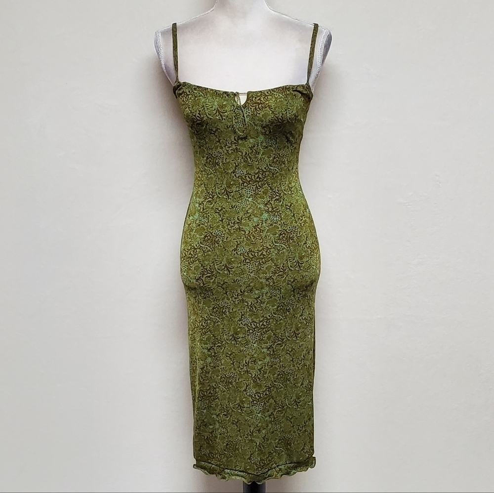 VINTAGE A. Aubrey Green Paisley Stretchy Pin-up Tie Bust Midi Bodycon Dress S - Picture 4 of 16
